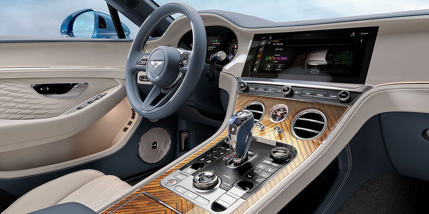 Bentley Roma New Bentley Continental GTC Azure convertible interior front cabin view with Linen and Brunel hides and Piano Linen by Mulliner veneer featuring centre console and centre MMI screen